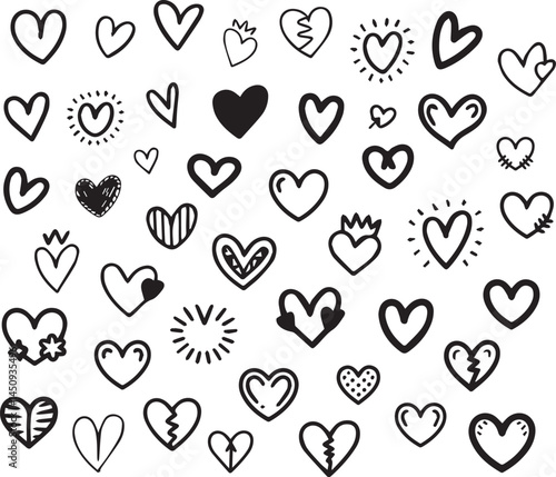 Vector Illustration of Hand-Drawn Heart Doodle Silhouettes