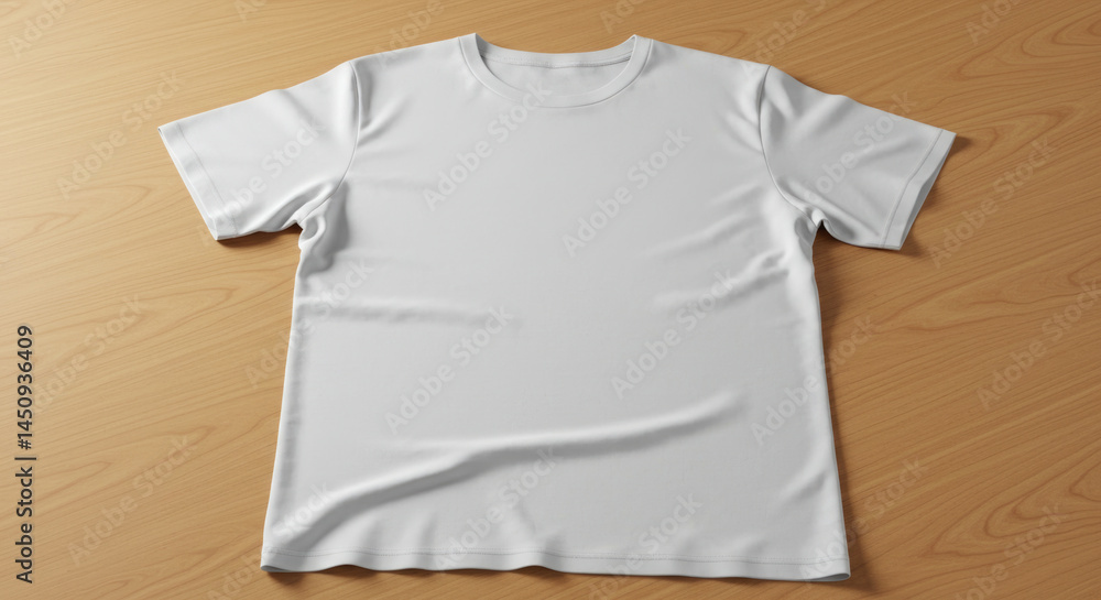 Plain white t-shirt on wooden table surface display Plain white t-shirt on wooden table surface display