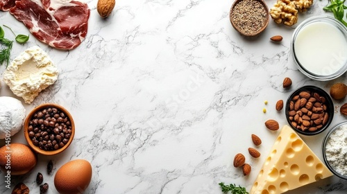 High-Protein Food Ingredients on Marble Background Healthy Eating Concept