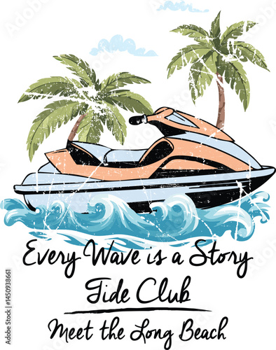 Jetski on the sea with tropical tree and slogan vacation tee graphic print