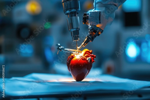 Robotic surgery on a heart model; advanced medical technology and precision.