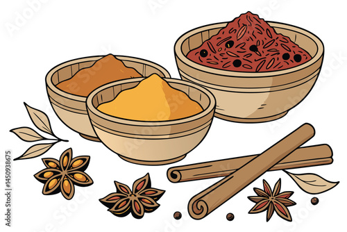 6 Wooden bowls, exotic spices, cinnamon powder, star anise, saffron threads, cinnamon sticks, dried flower petals, vibrant colors, aromatic ingredients, culinary photography, high detail, white backgr