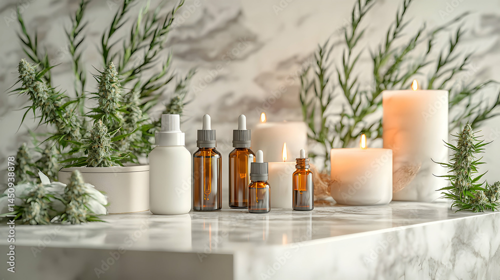 Natural Skincare Products Display On Marble Surface With Candles And Plants Natural Skincare Products Display On Marble Surface With Candles And Plants