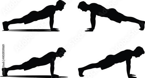 Set of Man in Plank Position Silhouette – Straight Arm Core Workout Pose in Solid Black Vector on White Background