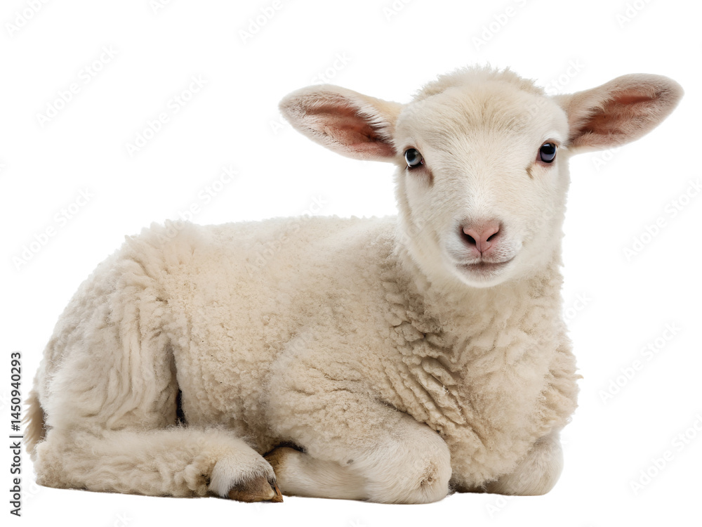 Fototapeta premium Cute Lamb Lying Down Isolated on transparent background cutout, PNG file, Cutout file