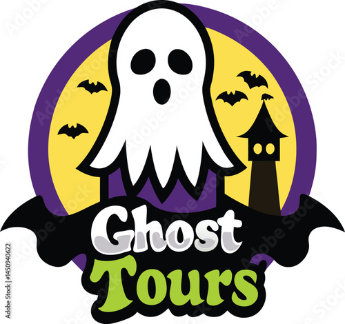 Spooky Ghost Tours Logo – Fun Halloween Haunted House Illustration with Bats