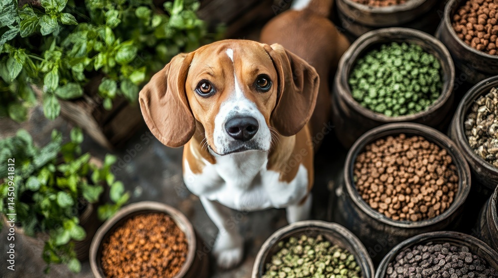 Adorable Beagle Puppy Looking Up Amongst Variety of Dog Food