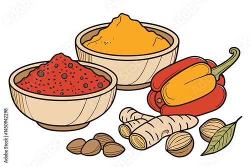 9 Vibrant spice powders, wooden bowls, ginger root, nutmeg, bell peppers, colorful ingredients, culinary display, aromatic spices, fresh produce, cooking ingredients, high-contrast photography, white 