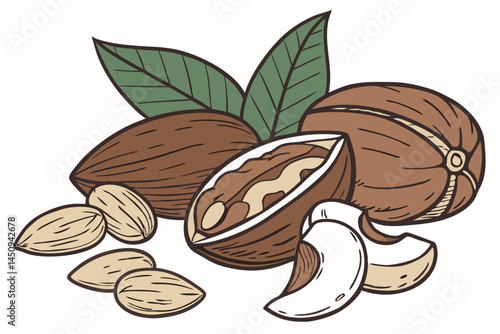 10 Realistic photo, assorted nuts, almonds, Brazil nuts, green leaves, whole nuts, cracked nuts, shelled nuts, closeup, high detail, studio lighting, white background, food photography, healthy snacks