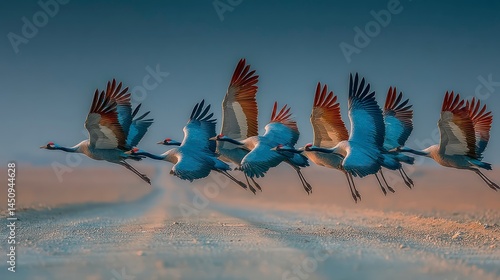 Flock of Birds in Flight Over a Serene Landscape Wildlife Photography Nature Scene Graceful