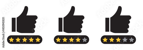 Five stars customer product review feedback icon, 5 star rating service satisfaction good quality isolated vector flat icon black color, client positive feedback stars sign for website, app, design.