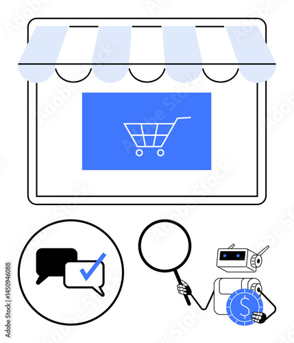 Digital storefront with cart, chatbot messaging, magnifying glass for search, and robot facilitating payments. Ideal for online shopping, e-commerce, technology, digital marketing, customer support
