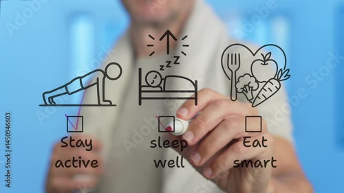 Coach writing and ticking off items on a plan for a healthy lifestyle including staying active, sleeping well and eating smart, drawn on a transparent whiteboard, isolated on white