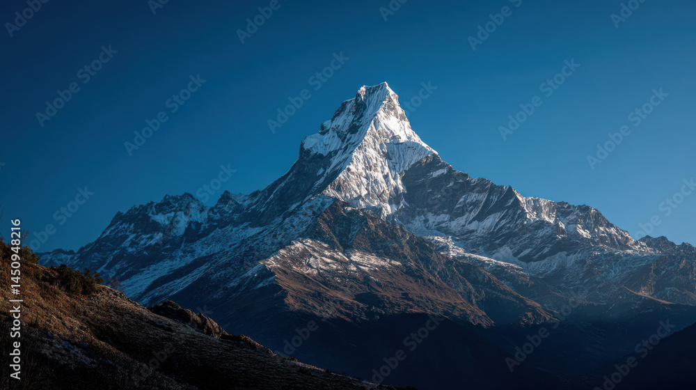 Fototapeta premium The majestic snow-capped mountain peak glistens under the bright blue sky, creating a breathtaking natural landscape for adventurers and nature lovers alike.