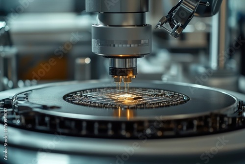 High-precision robotic arm precisely probes a microchip during advanced semiconductor manufacturing.