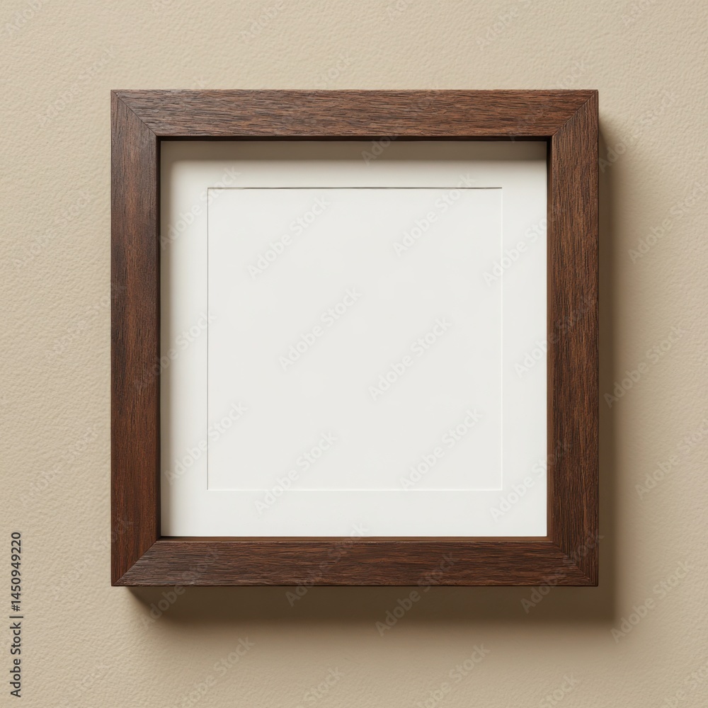 Fototapeta premium Square brown wooden frame with white matte hanging on neutral wall
