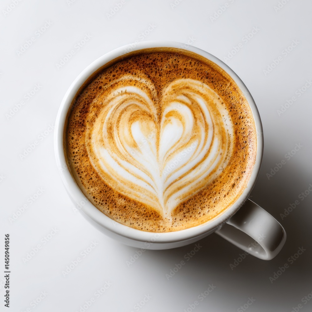 A cup of cappuccino with a heart shaped latte art on a white surface A cup of cappuccino with a heart shaped latte art on a white surface