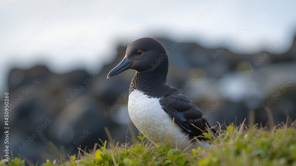 Obraz premium The spectacled guillemot or sooty guillemot (Cepphus carbo) is a seabird in the auk family. This photo was taken in Hokkaido, Japan.