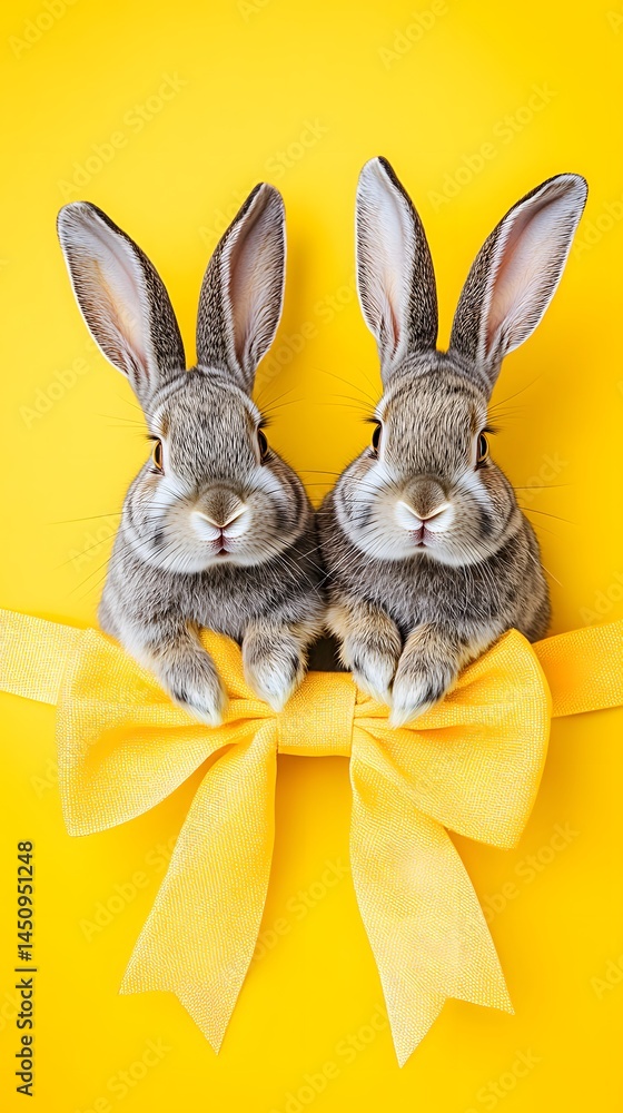 Obraz premium Adorable Gray Rabbits with Yellow Bow Easter Gift