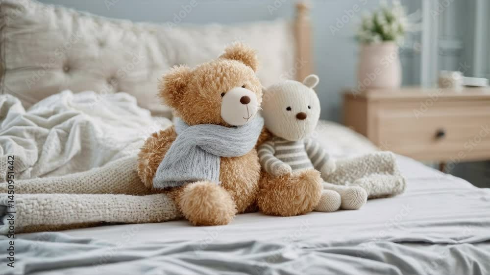 two teddy bears sitting on cozy bed with blankets two teddy bears sitting on cozy bed with blankets