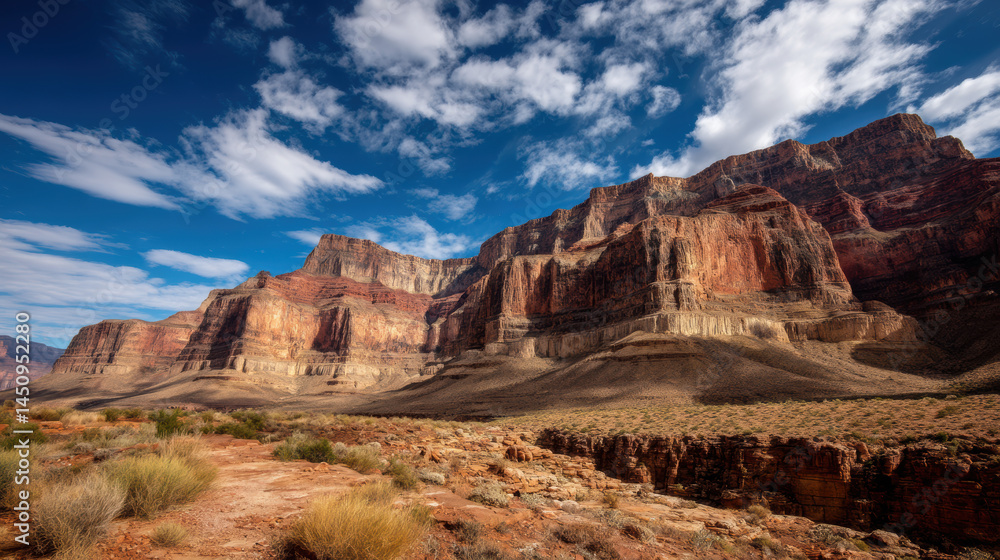 Fototapeta premium Majestic canyons rise under a vibrant blue sky dotted with fluffy white clouds, showcasing the raw beauty and grandeur of the natural landscape formation outdoors.
