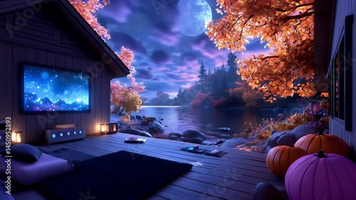 Tranquil Night Scene by Lake with Autumn Foliage and Moon