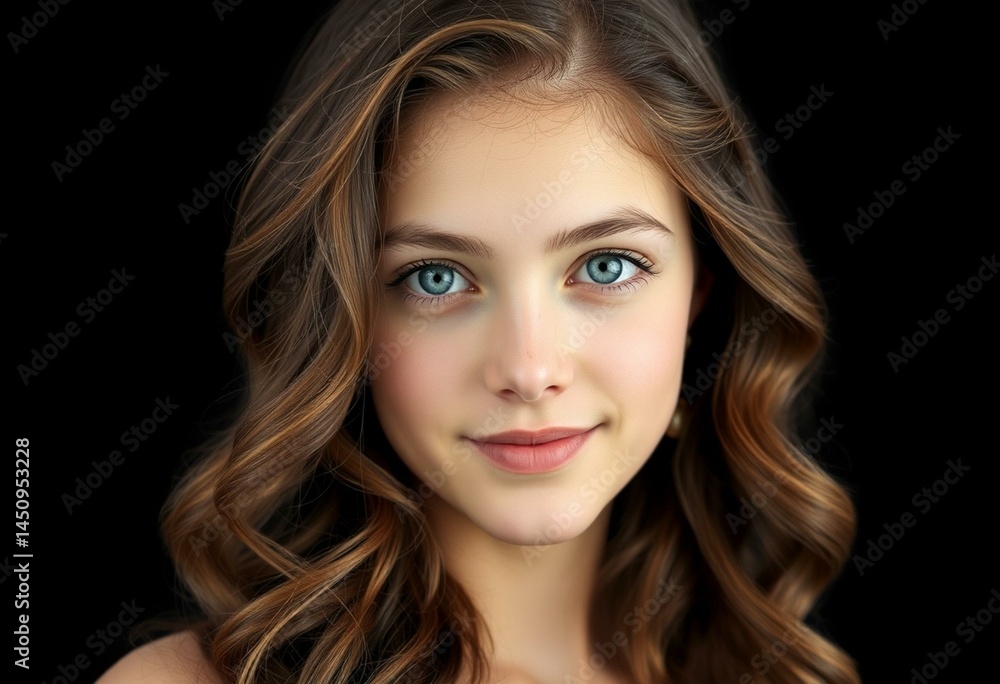 Fototapeta premium Young female portrait with curly hair and blue eyes