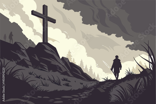 14 dark apocalyptic landscape, large wooden cross, silhouetted figure, raging fire in background, stormy sky, ominous atmosphere, rocky terrain, cinematic lighting, dramatic contrast, mist and smoke, 