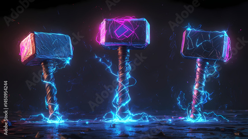 A robust hammer illustrated within electric energy in three separate poses. [Electric Myths] | Neon Archons | radiant rulers. Illustration