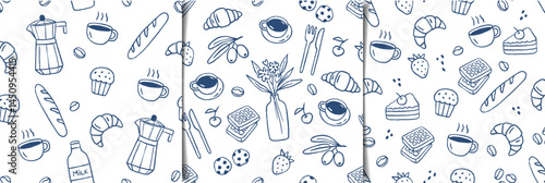 Seamless hand drawn patterns set breakfast food. Sketch style, coffee, croissant. Italian style