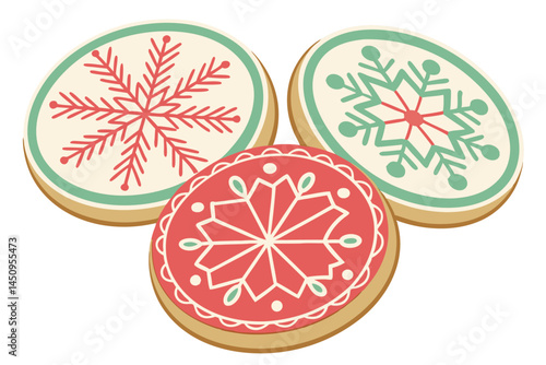 16 Christmas cookies, snowflake designs, colorful icing, festive patterns, circular sugar cookies, red and green decorations, white frosting details, holiday baking, intricate piping work, pastel colo
