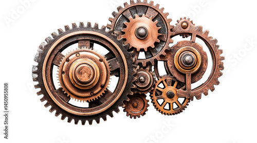 Assorted bronze gears and cogs connected mechanism, cut out transparent