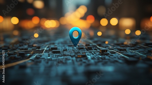 Blue location pin floating above a circuit board, bokeh background