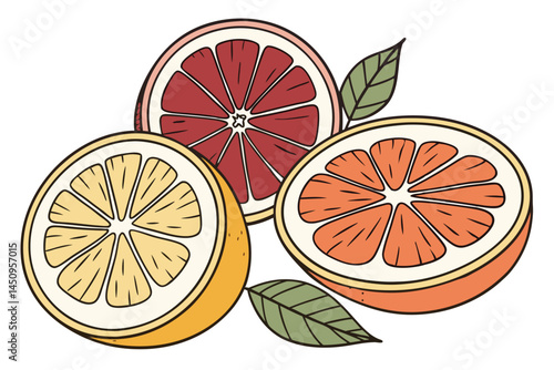 17 Citrus fruit slices, vibrant colors, cross-sections, oranges, lemons, grapefruits, blood oranges, high contrast, detailed texture, symmetrical arrangement, white background, food photography, macro