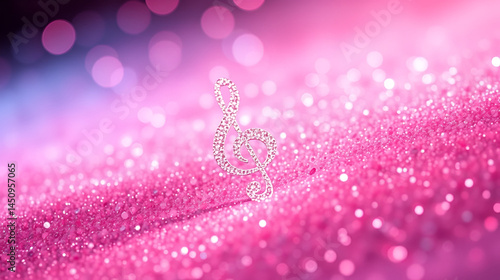 Treble clef shimmers amidst a sea of sparkling pink glitter, dreamy music