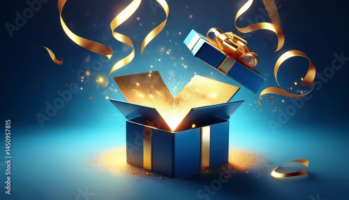 blue opened 3d realistic gift box with magical shining glow and golden ribbons flying off cover place for your text illustration
