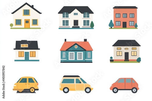 Wallpaper Mural Nine house and three car icons in flat design style. Torontodigital.ca