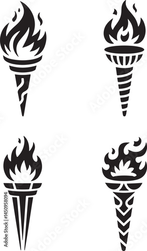Medieval torches with burning fire silhouette set vector illustration isolated On Transparent Background