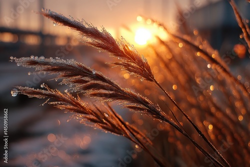 Golden Sunrise Illuminates Water Droplets on Grass Blades in a Serene Outdoor Nature Scene