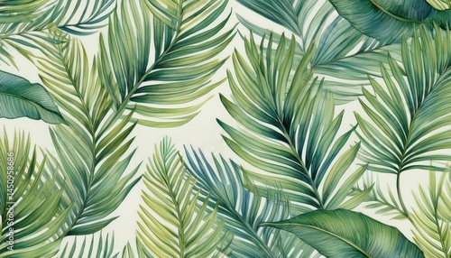 seamless watercolor pattern with tropical leaves palm branches botanical tile background