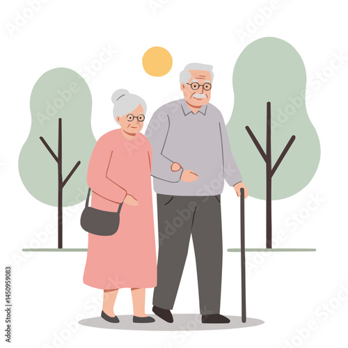 Elderly couple walking park - gray-haired pair strolling through autumn park holding hands, surrounded by golden foliage and warm sunset glow.