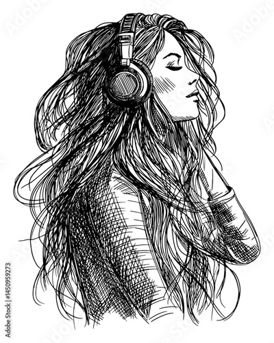 woman listening music with large over-ear headphones isolated hand drawn sketch musical passion relaxation audio experience lifestyle line art detailed illustration