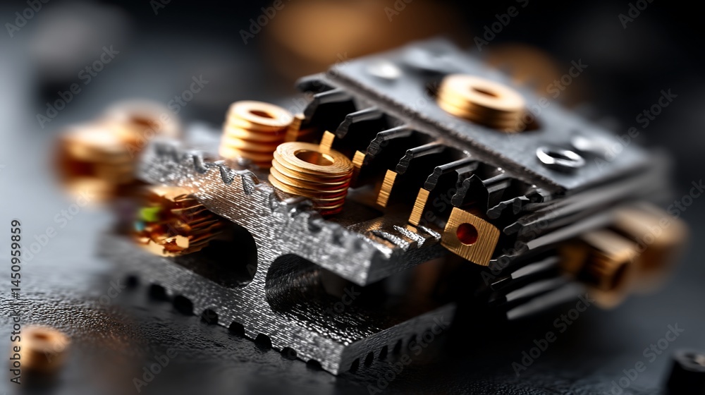 Close-up shot of intricate mechanical components, gears, screws, and wiring Close-up shot of intricate mechanical components, gears, screws, and wiring