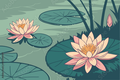 20 Water lily, lotus flower, serene pond, lily pads, teal water, soft pink petals, golden center, reflection, tranquil nature scene, botanical photography, high detail, soft focus, muted tones, peacef