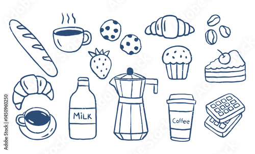 Hand draw breakfast doodles food. Food and coffee, crayon drawing style, Italian la dolce vita