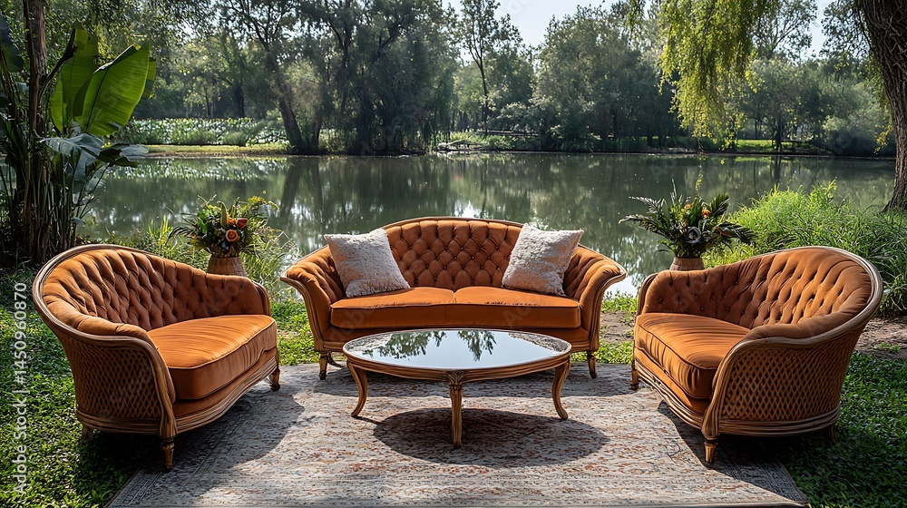Obraz premium Elegant Outdoor Seating Area With Vintage Furniture Beside Lake On Green Lawn High Resolution Photo