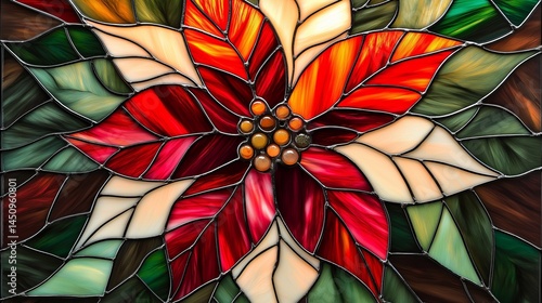 Vibrant Stained Glass Artwork of a Poinsettia Flower with Red, Green, and Cream Petals – Festive Floral Holiday Design