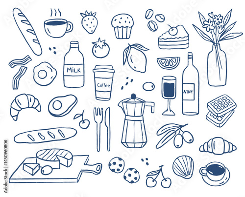 Hand draw breakfast doodles food. Food and coffee icons, crayon drawing style, Italian la dolce vita