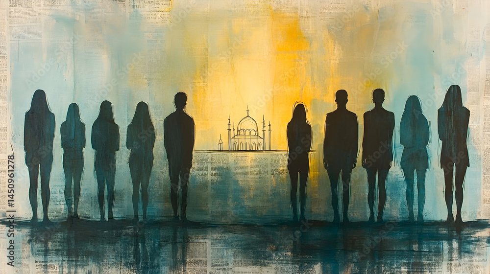 Silhouettes of people face a mosque, painted in muted tones of teal and gold, on a textured background. People stand in a line, facing a mosque, bathed in a golden light, creating a Silhouettes of people face a mosque, painted in muted tones of teal and gold, on a textured background. People stand in a line, facing a mosque, bathed in a golden light, creating a