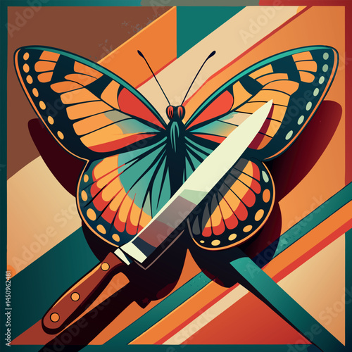 Colorful butterfly with a knife, artistic representation portraying contrast between beauty and danger Generative AI